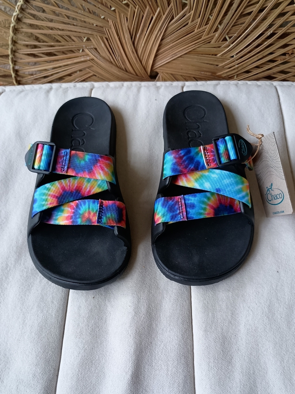 Chaco Rainbow Tie-Dye Slide Sandals with Black Footbed_6
